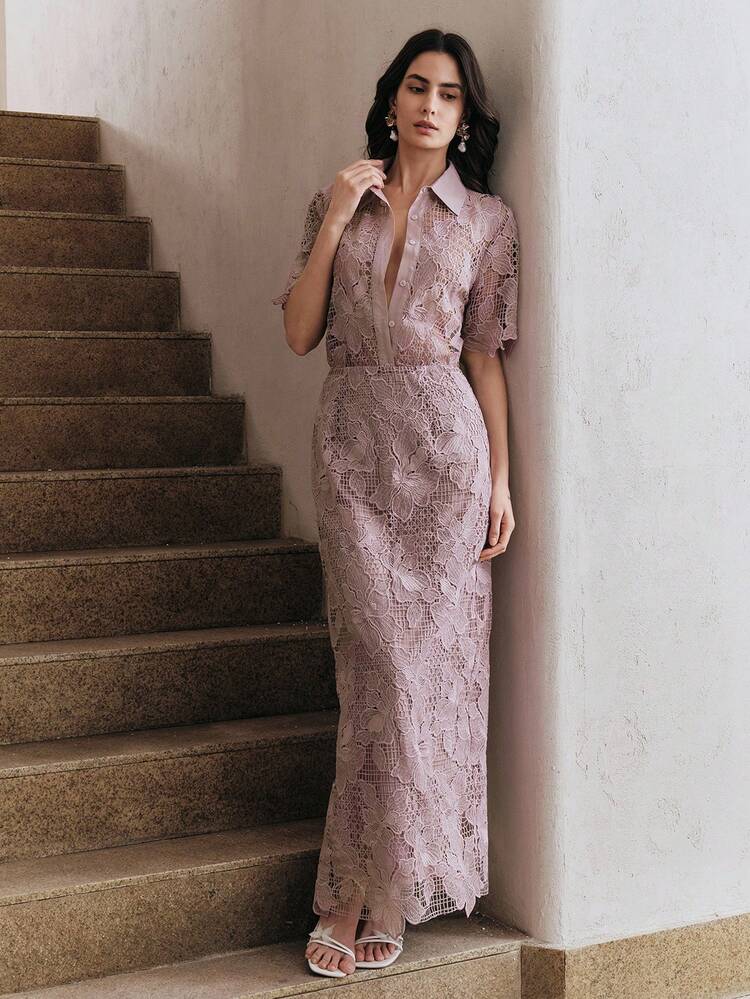 Women's Elegant Sexy Hollow-Out Floral Lace Skirt Lace Maxi Dress