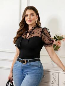 Reflora 大码优雅波点网眼拼接T恤，夏季 - 黑色 - 查看 6