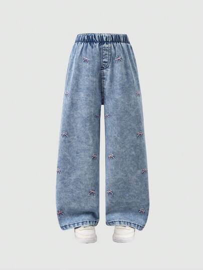 Elladie kids Young Girls Cute Style Toddler Girls Jeans, Spring/Summer & Autumn/Winter, Light Blue Denim, White, Bow & Embroidery Decor, Loose Straight Leg, Comfortable Cotton Denim Fabric, Suitable For Daily Wear, School, Commute