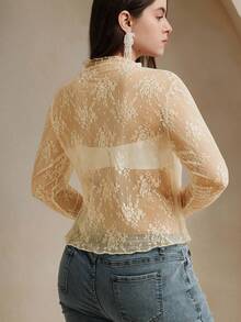 Anewsta Sexy Sheer Lace Long Sleeve Blouse - Apricot - View 2