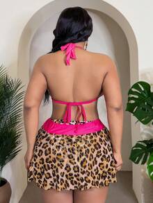 Slaydiva 大码女式三件套：随机豹纹印花时尚休闲性感可调节肩带高腰系带比基尼泳裤、短款网纱印花裙、蝴蝶结2026新款热销泳装套装 - 彩色 - 查看 2