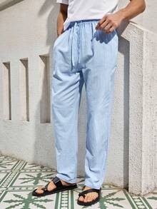 Mercer Haus Men's Breathable Thin Linen Loose Casual Sports Pants, Suitable For Beach, Spring/Summer , Suitable For Summer Tropical Holiday Vacation In Hawaii. - Baby Blue - View 6