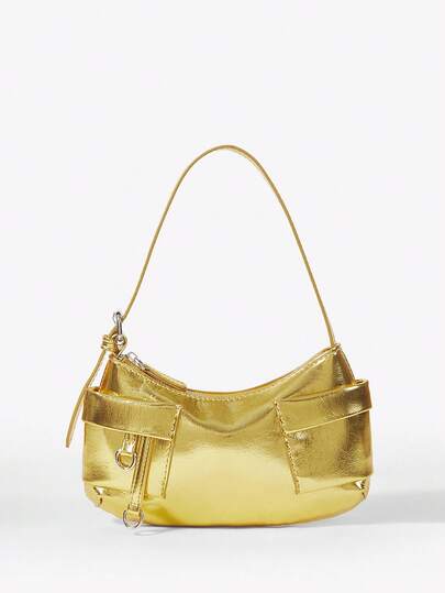 Viva Strut 女士手提包、单肩包、流浪包、金色、人造革、时尚、个性、简约、百搭、街头风、甜美酷女孩、辣妹、Y2K、复古、铆钉、经典、青少年（可调节肩带）