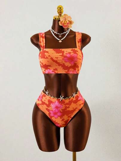 Swim Vcay 2026春夏新款女士加粗肩带橙色碎花褶皱高腰比基尼套装