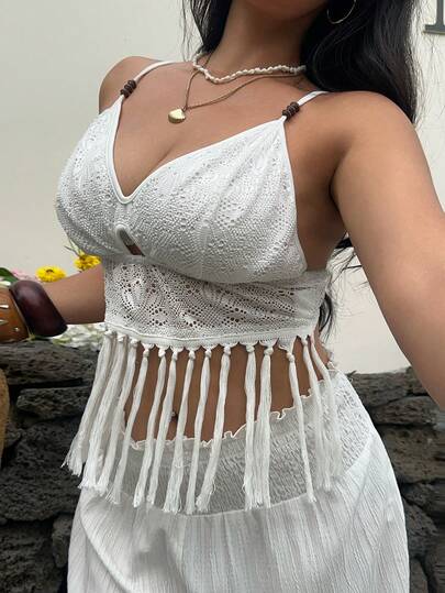Sunnyshic 大码女式白色性感度假风纯色镂空串珠流苏装饰V领吊带背心，夏季海滩假日