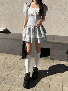 FRIFUL 女士蕾丝拼接连帽花瓣袖蛋糕裙迷你甜美夏日连衣裙 - 灰色 - 查看 2