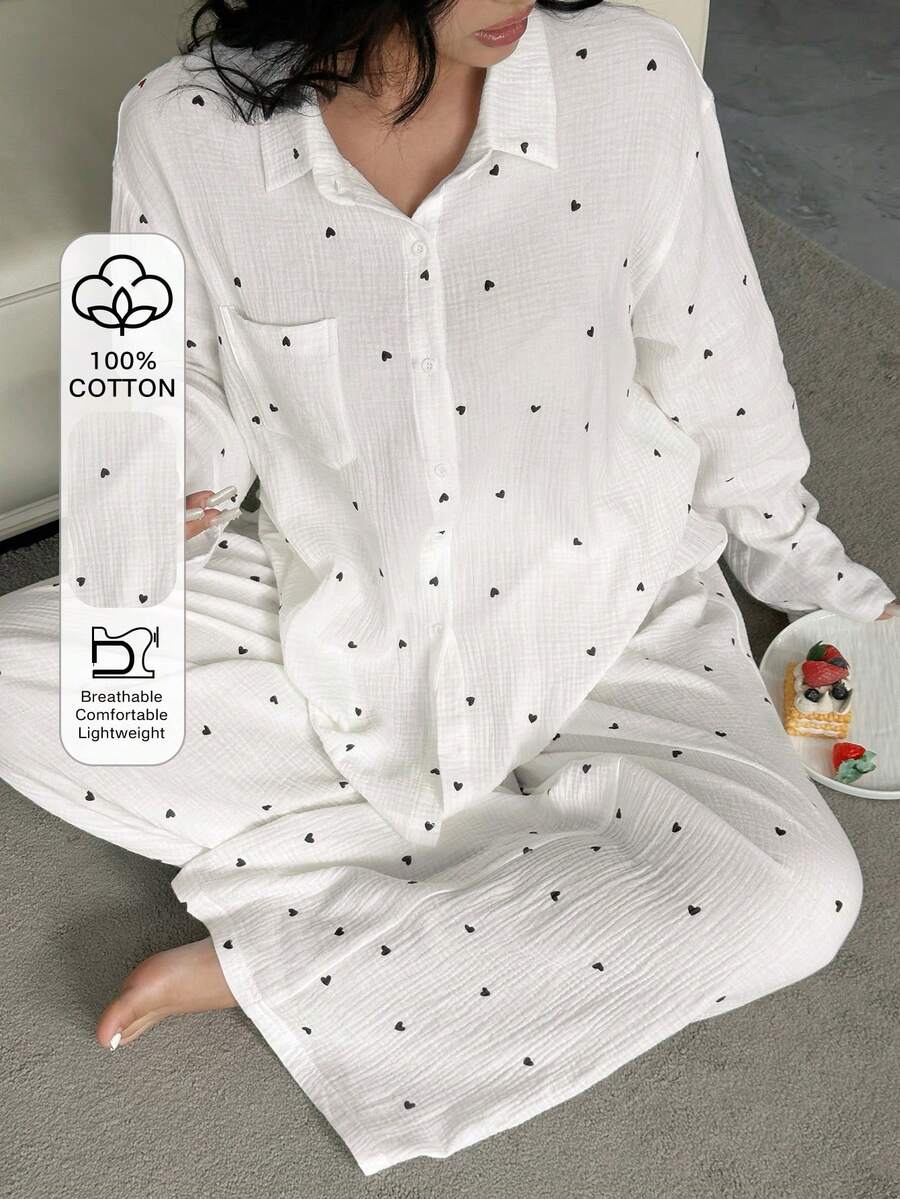 Dazy Plus Heart Print Loose Long Sleeve Top And Long Pants Pajama Set, Plus Size Women Spring/Autumn Sleepwear - White - View 1