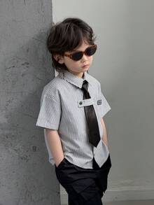 DAZY Young Boy Striped Print Applique Casual Short Sleeve Shirt - Blue - View 5