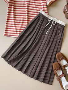 SHEIN Unity Chân váy nữ mùa xuân/hè mới với họa tiết kẻ caro và răng cưa, cạp chun phối màu tương phản, dây rút thắt nơ và xếp ly, trang phục mùa hè đa năng. - màu nâu - Xem 6