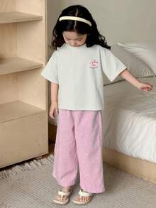Dazy Kids 2件套女童圆领针织印花短袖T恤+印花长裤家居服，夏季 - 粉色 - 查看 5