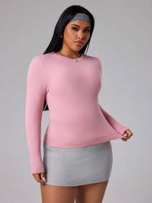 SHEIN Sports Plus Size Women Striped Textured Long Sleeve Activewear - Dusty Pink - View 5