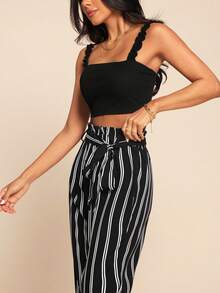 Coeurva Frill Trim Strap Cami Top & Paperbag Waist Striped Trousers Set - Black - View 2