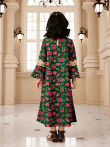 女童碎花连衣裙，金色领花，喇叭袖，金色饰边丝带 - 墨綠色 - 查看 2