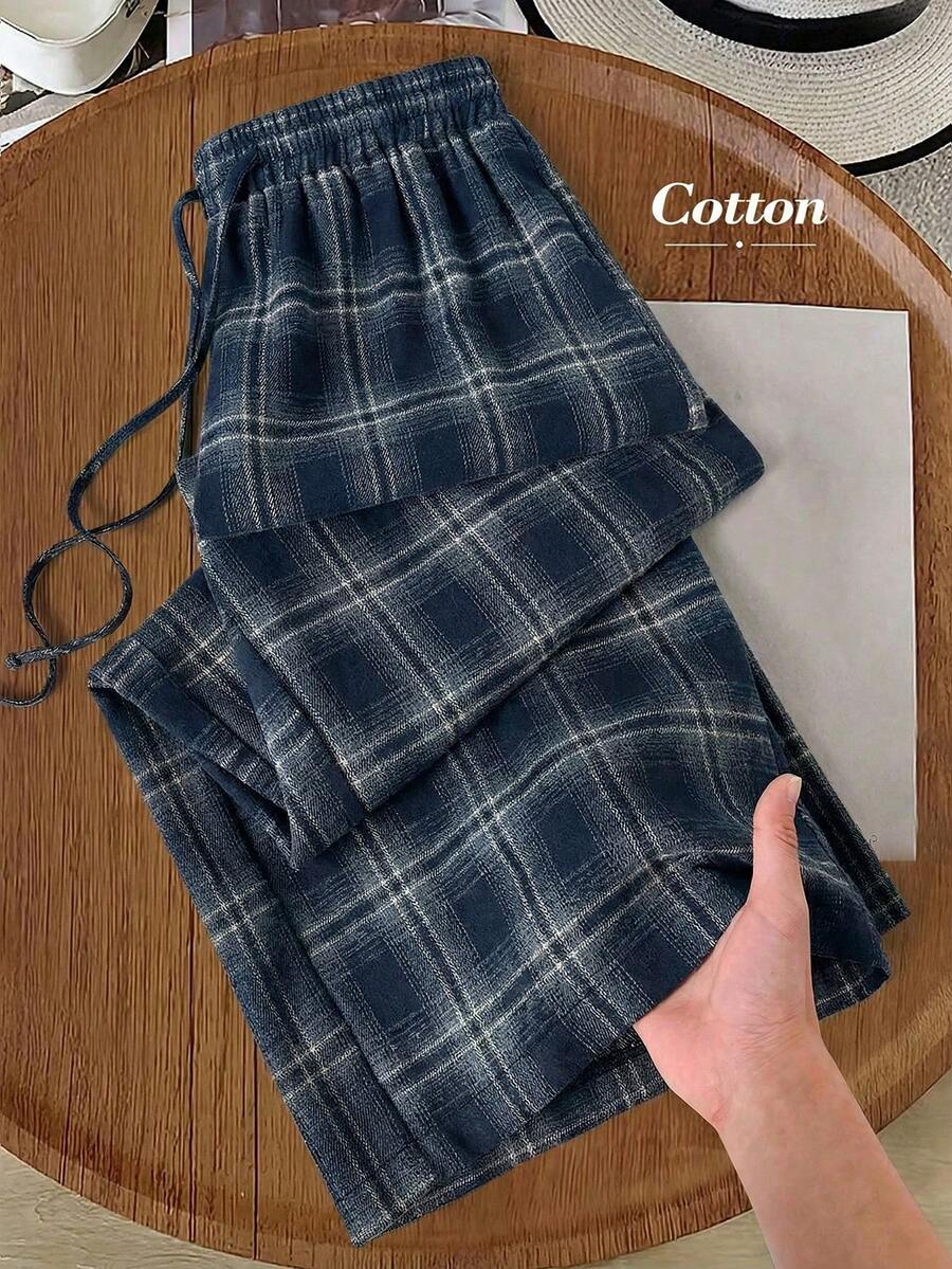 Rusticease 女士格子抽绳腰带休闲百搭阔腿裤，适合日常穿着 - 藏蓝色 - 查看 1