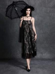 Glisette Vestido de encaje negro para mujer estilo gótico, vestidos góticos de verano en beige, vestido de corsé de moda para fiesta nocturna, ropa femenina elegante y oscura para vacaciones, para mujeres de talla pequeña - Negro - Ver 4