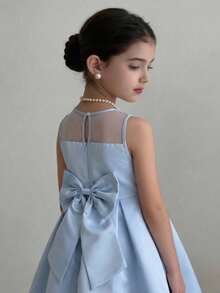 SHEIN Young Girl Jacquard Patchwork Round Neck Sleeveless Elegant Court Style Dress - Teal Blue - View 2