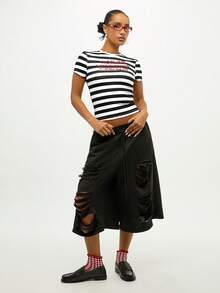 SUMWON 加大码条纹图案短袖圆领T恤，Hotline印花标语T恤 - 黑與白 - 查看 3