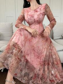 Vivie Lora Women's Lace Waist A-Line Long Sleeve Pink Elegant Mid-Length Dress - Dusty Pink - View 5