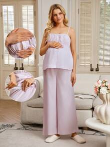 SHEIN Maternity Striped Camisole Top + Adjustable Waist Pants 2 Pieces Set, Summer - Pink - View 6