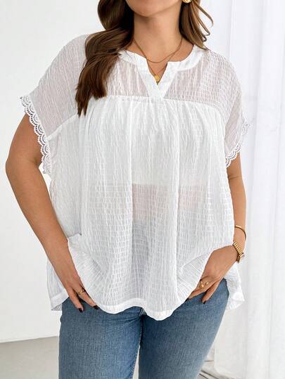 Shapeblank Plus-Size Women's Spring/Summer Fashionable Casual Loose Comfortable Everyday Slimming Textured Fabric Sheer White Short-Sleeved Top,Summer Clothes,Women Blouse,Vacation Outfits,Going Out Tops