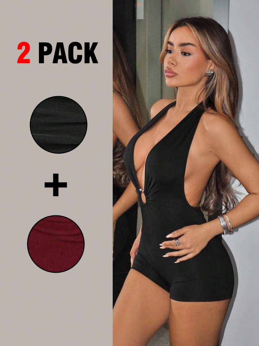 SHEIN ICON 2件套女士深V领露背纯色紧身连体衣 - 彩色 - 查看 1