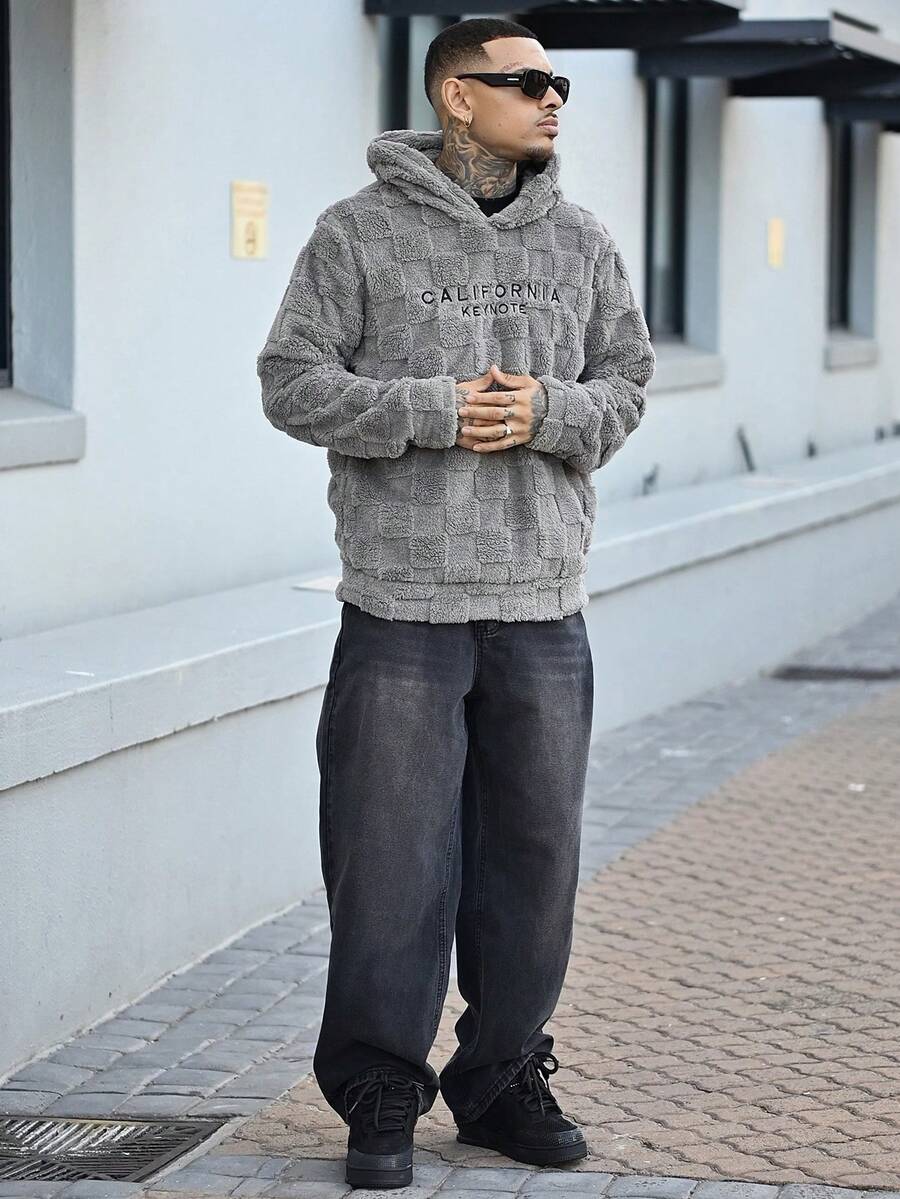 Devon Thys 1 件男士长袖提花羊毛连帽运动衫，休闲日常穿着，适合秋冬 - 淺灰色 - 查看 1