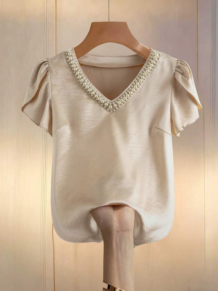 GlowEve 女士优雅休闲杏色珍珠设计花瓣袖修身短袖衬衫，春夏款 - 杏色 - 查看 1