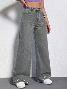 SHEIN EZwear 女士高腰口袋破洞阔腿宽松休闲牛仔裤 - 灰色 - 查看 5