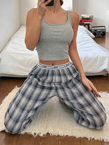 DAZY Letter Tape Waistband Loose Plaid Pajama Pants, Women Sleepwear Bottom - Blue - View 11