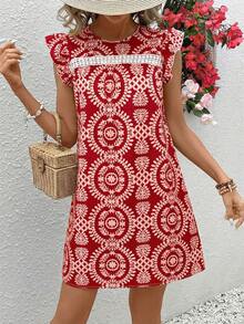 Vivid Eden 女士圆领短袖花卉蕾丝拼接A字休闲度假连衣裙 - 紅色 - 查看 4