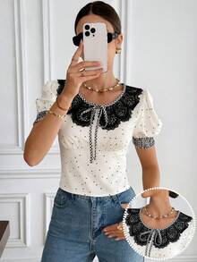 SHEIN Frenchy Women's Elegant Black White Polka Dot Summer Blouse,French Retro Peter Pan Collar Bow Tie Puff Sleeve Top,Brunch Vacation Casual Lace Gingham Trim - Multicolor - View 3