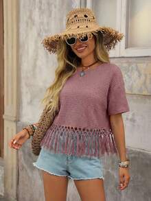 Brillora Round Neck Hollow Out Knit Crochet Patchwork Tassel T-Shirt - Dusty Pink - View 4