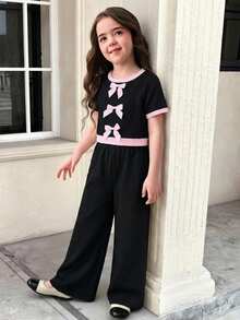 SHEIN 两件套少女休闲正式优雅返校套装，蝴蝶装饰撞色上衣搭配直筒裤 - 黑色 - 查看 5