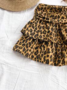 SHEIN Tall CURVE Plus Size Women Vintage Leopard Print Ruched Double-Layer Ruffle Hem Mini Cute Lunch Casual Skirt - Multicolor - View 4