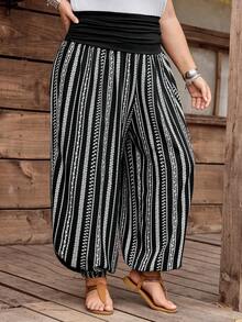 SHEIN CURVE+ Curve 尺码 US22 音乐节、海滨度假、波西米亚风女士条纹弹力腰宽松哈伦裤，休闲度假风 - 黑色 - 查看 5