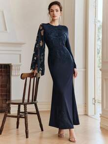 Anewsta 女士长袖刺绣美人鱼连衣裙，优雅修身薄荷绿礼服 - 寶藍色 - 查看 4