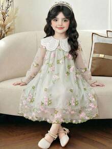 SHEIN LMoss Kids 女童纯色网纱泡泡领修身休闲连衣裙 - 綠色 - 查看 1