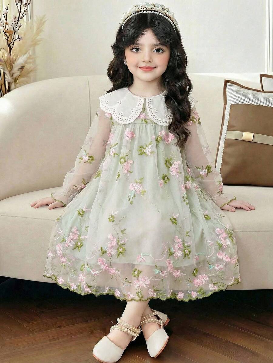 SHEIN LMoss Kids 女童纯色网纱泡泡领修身休闲连衣裙 - 綠色 - 查看 1