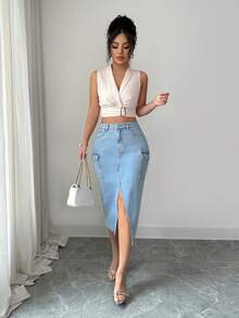 Selianne 女士休闲水洗牛仔工装裙 - 藍色 - 查看 6