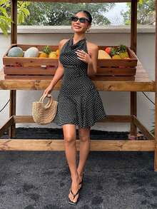 Sunnyshic 女士度假黑白波点垂褶领系带拼接连衣裙 - 黑與白 - 查看 4