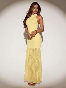 SHEIN ICON 女士波点拼接优雅收腰连衣裙，适合约会和派对穿着 - 鵝黃色 - 查看 5
