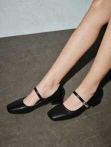 女士3厘米布面包跟黑色时尚百搭玛丽珍低跟粗跟优雅平底鞋，另有藏蓝色、咖啡色、酒红色可选 - 黑色 - 查看 5