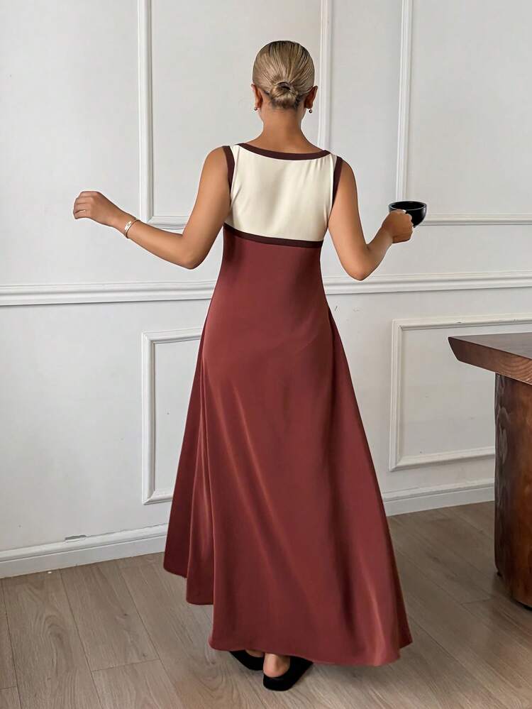 Elegant Vacation Style Bowknot Decor Contrast Color Block Long Sleeveless Women Nightgown