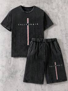 Coolqubz 两件套夏季新款休闲青少年男童套装，包括一件做旧水洗黑色短袖T恤和一条印有加州字母图案的松紧腰短裤，宽松版型，适合日常、通勤、运动、街头穿搭和ins风。 - 黑色 - 查看 9