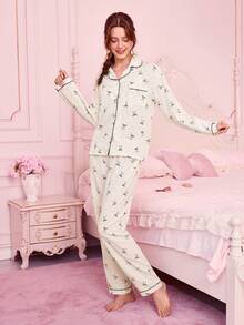 2 件女士波尔卡圆点蝴蝶结睡衣套装，长袖纽扣领上衣和裤子，休闲家居服，适合家居服，秋冬，秋季服装 - 白色 - 查看 3