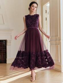 Anewsta Spring/Summer New Vacation Party Round Neck Embroidered Mesh Rope Belt Waist Flared Hem Elegant Dress For Women - Purple - View 5