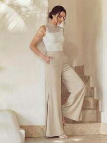 Anewsta Quần nữ mùa xuân/hè màu mơ mới, đa năng, ôm dáng, kiểu dáng retro, ống loe nhỏ, có túi, thích hợp đi làm. - Màu Khaki - Xem 6