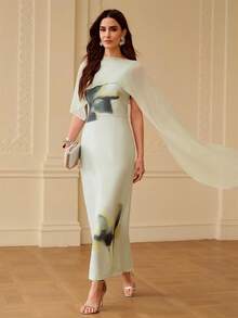 ZEYLAH Đầm in hoa thanh lịch kèm khăn choàng, thích hợp cho mùa xuân/hè. - màu xanh lá - Xem 1