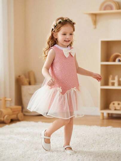 Young Girl' New Sleeveless Bow Mesh Sequin Princess Dress, Cute Elegant Tank Dress For Summer