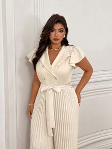 Femmeverse Plus Size Women's Elegant Elegant Office Commute Solid Color Flutter Sleeve Self-Tie Waist Wide Leg Jumpsuit, Suitable For Spring, Summer And Autumn - Apricot - View 4